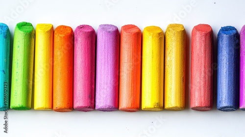 A row of chalk sticks in various bold colors arranged neatly on a white background, emphasizing their bright, pastel shades