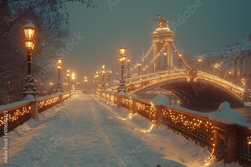 Winter evening in saint petersburg  snowy bank bridge over griboedov channel with griffons photo