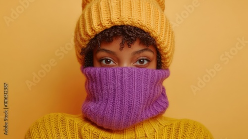 Helles Wintermodeporträt einer Frau mit Strickmütze und Pullover für saisonales Kleidungsdesign