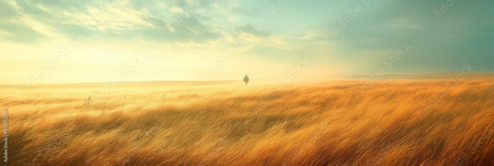 Fototapeta premium Endless Prairie Serenity, expansive grasslands swaying gently under a soft, cloudy sky, evoking tranquility and natural beauty.