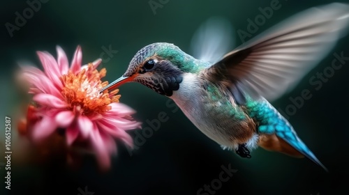The vivid hummingbird with teal blue tail hovers near a pink flower, its wings captured in motion against a vibrant green backdrop, savoring the natural allure.