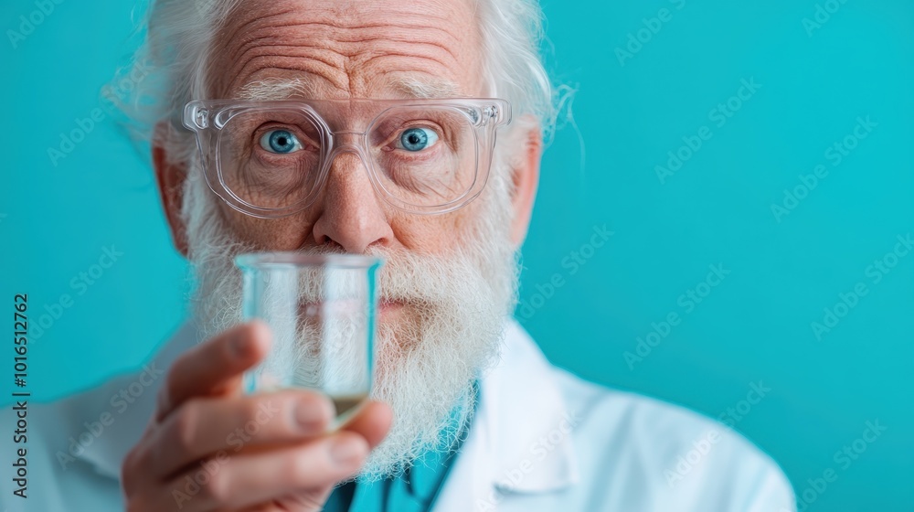An elderly male scientist with blue eyes examines a small beaker of liquid. He wears clear safety goggles and a lab coat against a turquoise background. An elderly male scientist with blue eyes examines a small beaker of liquid. He wears clear safety goggles and a lab coat against a turquoise background.