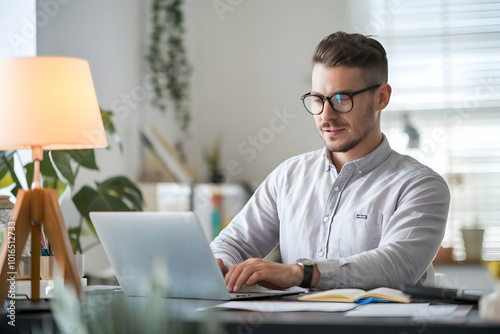 Young Professional Man Working on Laptop in Modern Home Office - Freelance, Remote Work, Productivity Concept