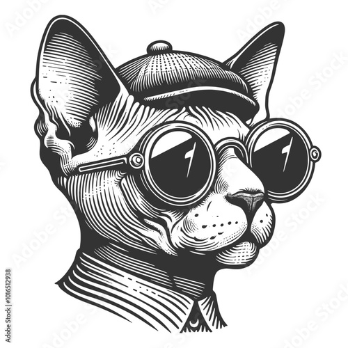Sphynx cat confidently wearing sunglasses, exuding coolness and attitude sketch engraving generative ai vector illustration. Scratch board imitation. Black and white image.