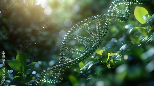 dna helix amidst green foliage symbolizing genetic engineering in nature.create by F.a