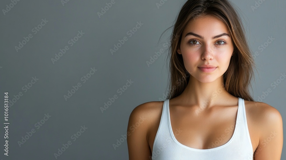Beautiful brunette in white t-shirt doing breast self-examination Breast Cancer female breast, support, prevention, mammography, screening, oncology, cancer treatment. Beautiful brunette in white t-shirt doing breast self-examination Breast Cancer female breast, support, prevention, mammography, screening, oncology, cancer treatment.