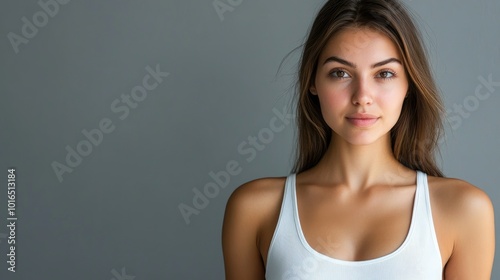 Beautiful brunette in white t-shirt doing breast self-examination Breast Cancer female breast, support, prevention, mammography, screening, oncology, cancer treatment.