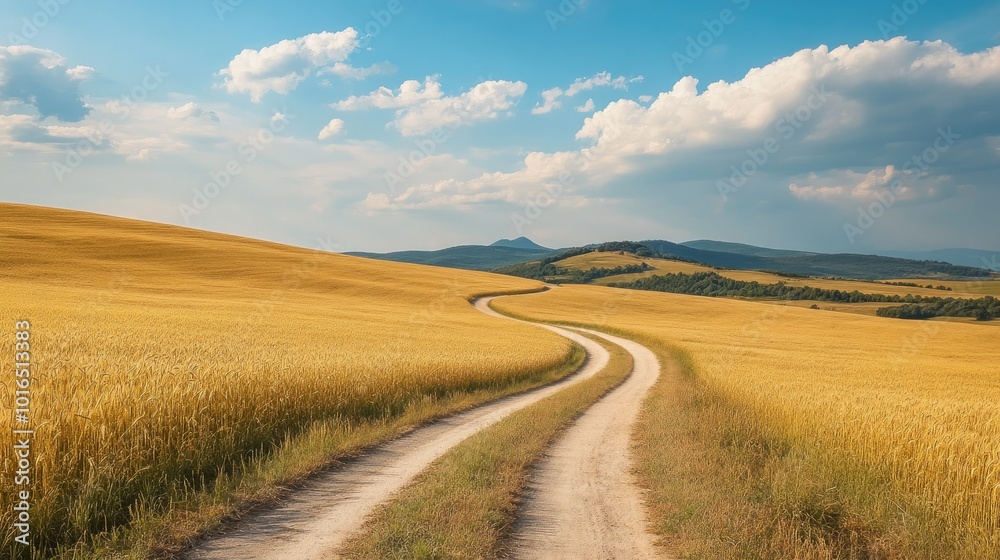 A rural road winding through golden barley fields, with distant hills under a bright summer sky. A rural road winding through golden barley fields, with distant hills under a bright summer sky.