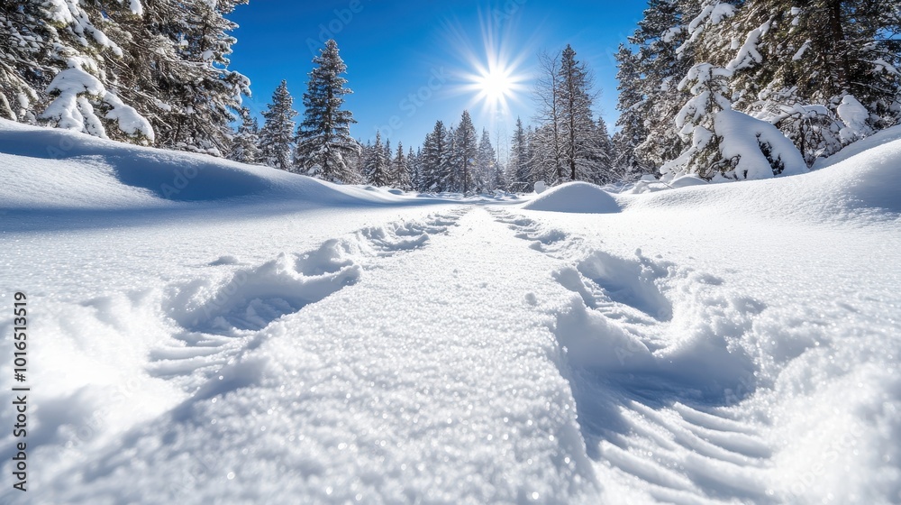 A captivating winter image showing fresh tracks through a forest blanketed in snow, with sunlight streaming through the trees, creating a warm glow. A captivating winter image showing fresh tracks through a forest blanketed in snow, with sunlight streaming through the trees, creating a warm glow.