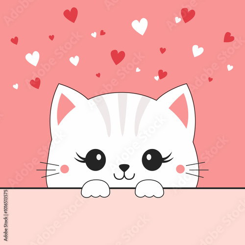 White peeking cat face head. Funny kitten. Paws hand holding paper. Red white hearts. Valentines Day. Cute cartoon kitty character. Kawaii animal. Greeting card. Flat design. Pink background Vector