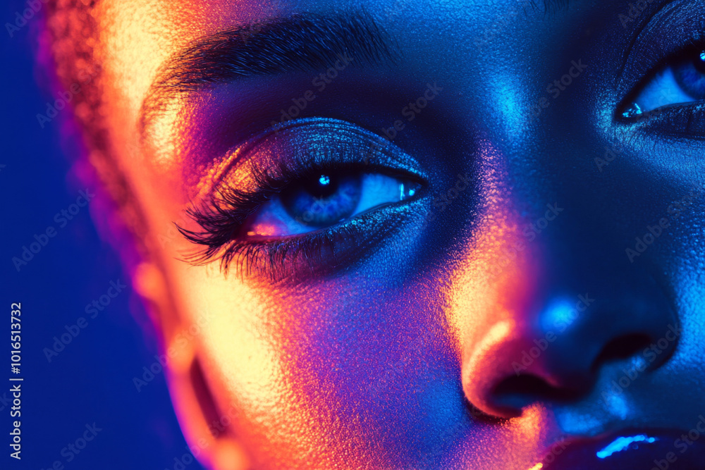 Fashion female model with creative lighting. Close up UV portrait of woman