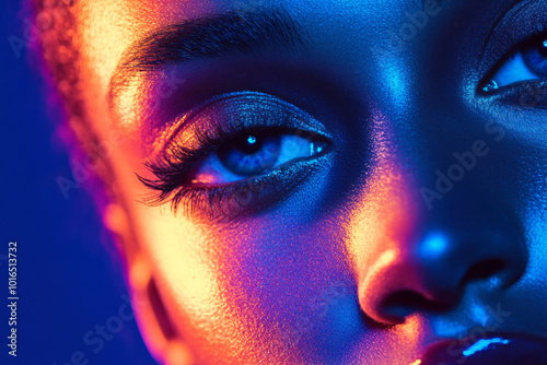 Fashion female model with creative lighting. Close up UV portrait of woman photo