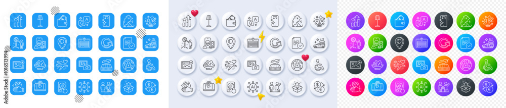 Honeymoon travel, Wallet and Compliance line icons. Square, Gradient, Pin 3d buttons. AI, QA and map pin icons. Pack of Phishing, Parking garage, Stress protection icon. Vector Honeymoon travel, Wallet and Compliance line icons. Square, Gradient, Pin 3d buttons. AI, QA and map pin icons. Pack of Phishing, Parking garage, Stress protection icon. Vector