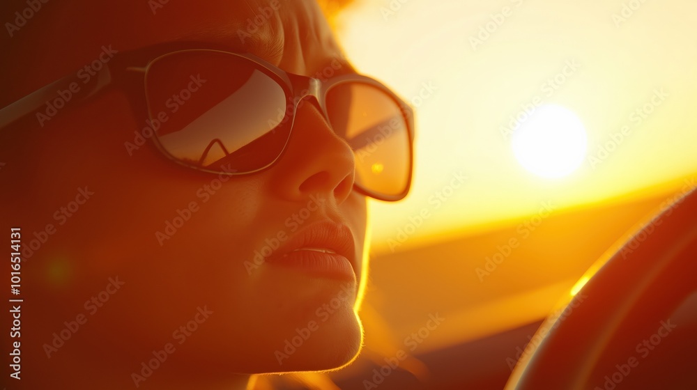 Erschöpfte Frau mit Sonnenbrille fährt bei Sonnenuntergang – Hitze und Sommerreise Erschöpfte Frau mit Sonnenbrille fährt bei Sonnenuntergang – Hitze und Sommerreise