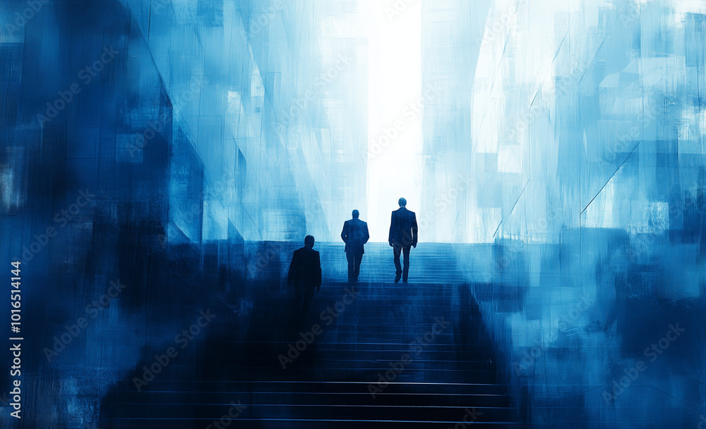 Business people walking on stairs, blue atmosphere Business people walking on stairs, blue atmosphere