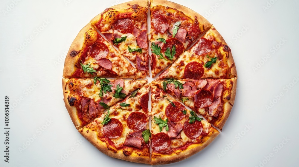 An inviting top view of a pizza cut into wedges, topped with various ingredients such as pepperoni and fresh herbs, set against a clean background, ideal for menu designs. An inviting top view of a pizza cut into wedges, topped with various ingredients such as pepperoni and fresh herbs, set against a clean background, ideal for menu designs.