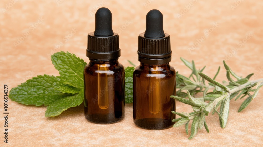 Ätherische Öle mit frischer Minze und Rosmarin für Aromatherapie und Wellness