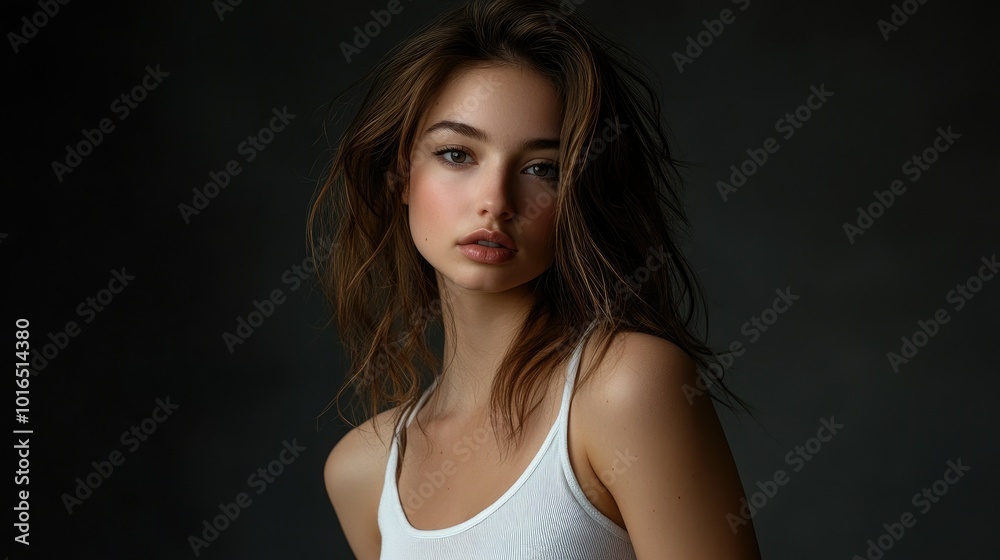 Beautiful brunette in white t-shirt doing breast self-examination Breast Cancer female breast, support, prevention, mammography, screening, oncology, cancer treatment. Beautiful brunette in white t-shirt doing breast self-examination Breast Cancer female breast, support, prevention, mammography, screening, oncology, cancer treatment.