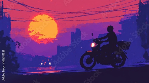 Pendeln in der Stadt bei Sonnenuntergang: Motorradsilhouette vor lebendiger Stadtlandschaft zur redaktionellen Verwendung photo