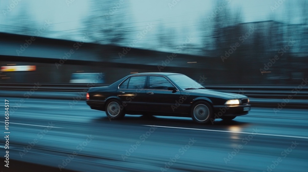 A black car drives down a wet road during a rainstorm. A black car drives down a wet road during a rainstorm.