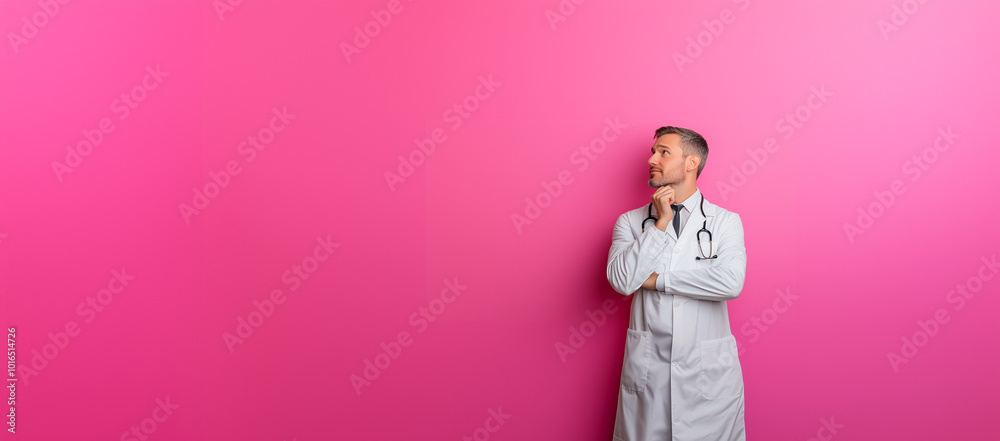 A male doctor in a white coat and stethoscope stands in side view against a studio background, looking thoughtfully up at an empty space. Ideal healthcare-related content or professional introspection A male doctor in a white coat and stethoscope stands in side view against a studio background, looking thoughtfully up at an empty space. Ideal healthcare-related content or professional introspection