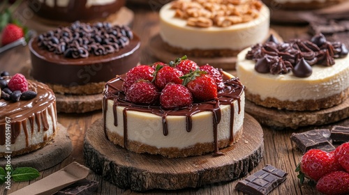 Assorted cheesecakes with different toppings like chocolate, strawberries, and caramel, displayed alongside other sweet treats on a rustic table.