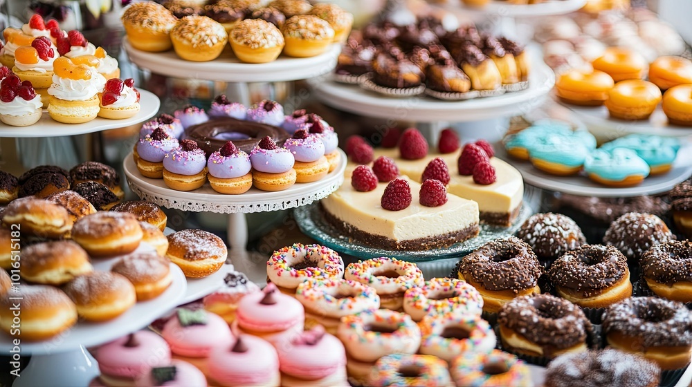 Assorted sweet treats like cheesecake, donuts, and macarons displayed on a festive dessert table, offering a colorful and tempting selection. Assorted sweet treats like cheesecake, donuts, and macarons displayed on a festive dessert table, offering a colorful and tempting selection.