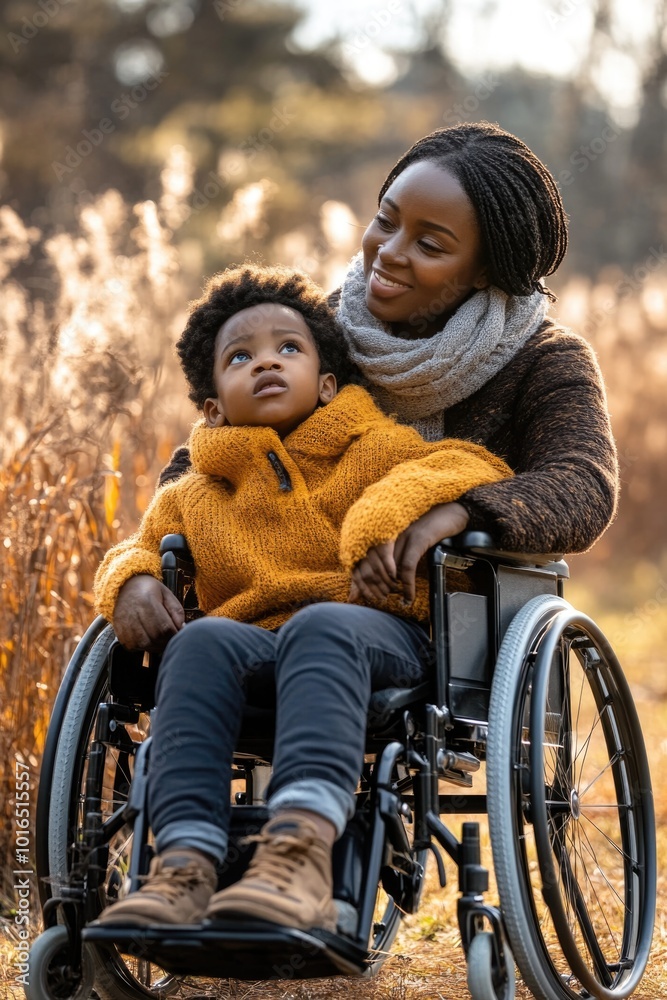 Obraz premium A mother and child bond moment while she uses a wheelchair.