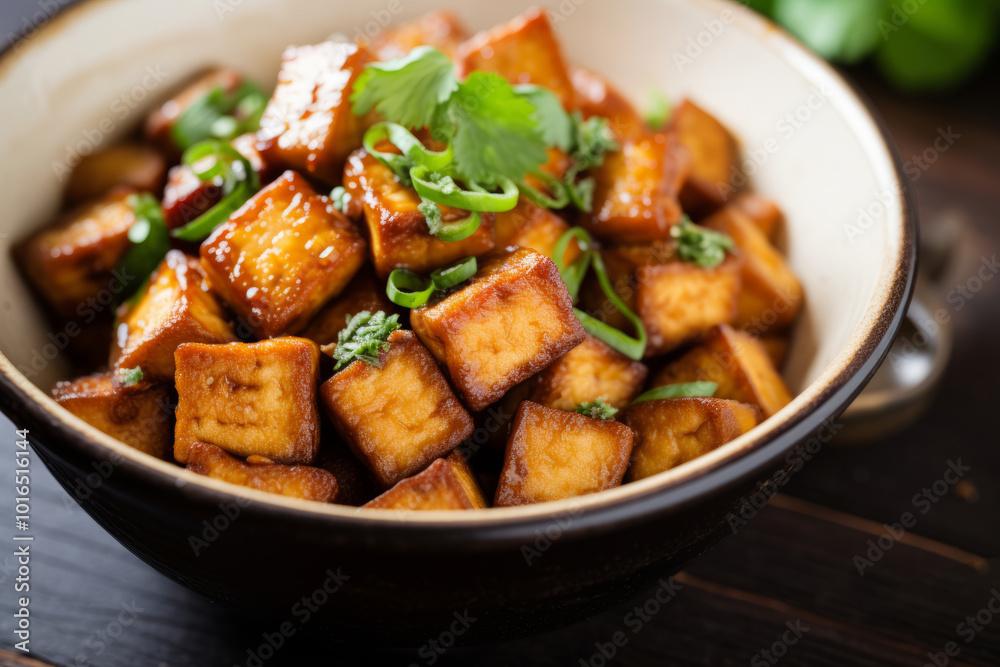 Crispy roasted tofu in a bowl topped with green herbs, roasted in the oven or fried in a skillet Crispy roasted tofu in a bowl topped with green herbs, roasted in the oven or fried in a skillet