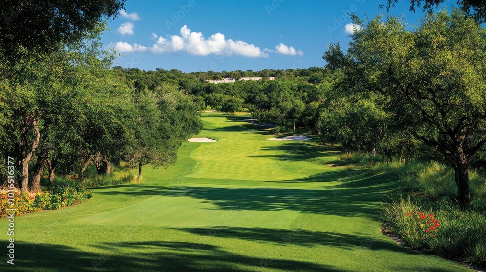 Naklejka premium A scenic view of a golf field with well-manicured green grass and lush woods surrounding the area.