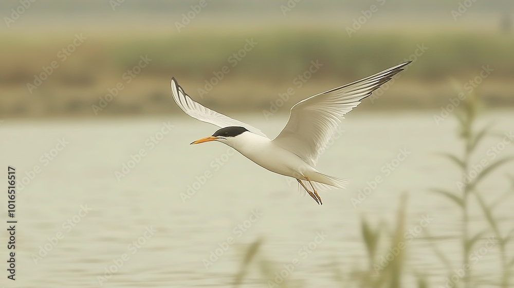 Elegant White Bird in Flight Over Water Elegant White Bird in Flight Over Water