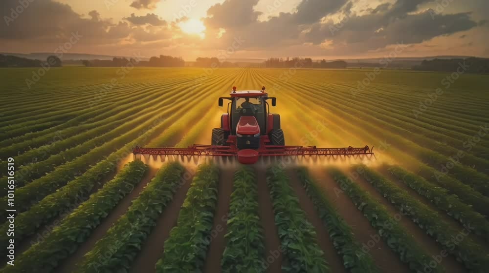 Modern Red Tractor Spraying Crops on Vast Green Field at Sunset in Rural Farmland Modern Red Tractor Spraying Crops on Vast Green Field at Sunset in Rural Farmland