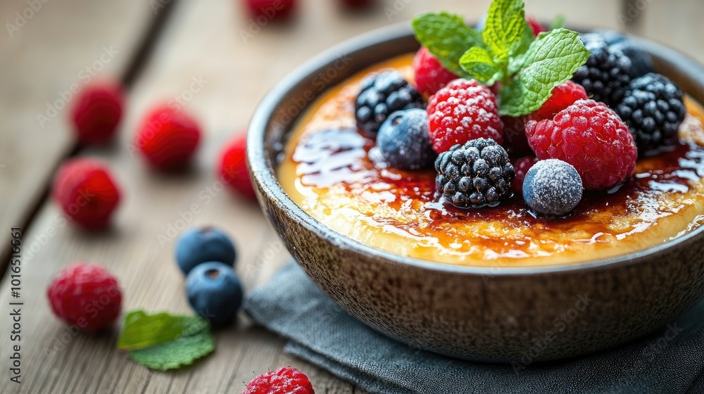 Close-up of rich in a rustic bowl, topped with vibrant berries and fresh mint leaves, beautifully arranged on a wooden table. Perfect for enticing dessert visuals. Close-up of rich in a rustic bowl, topped with vibrant berries and fresh mint leaves, beautifully arranged on a wooden table. Perfect for enticing dessert visuals.