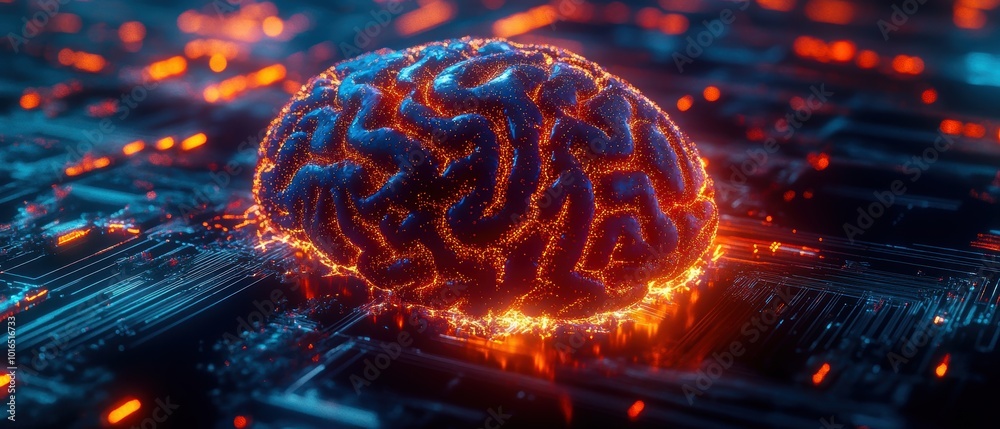 A glowing brain design on a digital circuit board, showcasing the fusion of technology and neuroscience. A glowing brain design on a digital circuit board, showcasing the fusion of technology and neuroscience.