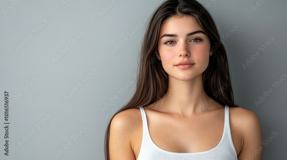 Beautiful brunette in white t-shirt doing breast self-examination Breast Cancer female breast, support, prevention, mammography, screening, oncology, cancer treatment.