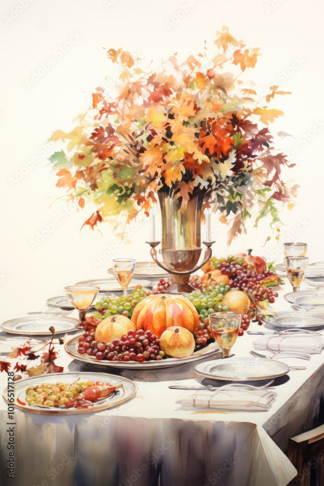 Festive autumn banquet watercolor illustration Festive autumn banquet watercolor illustration