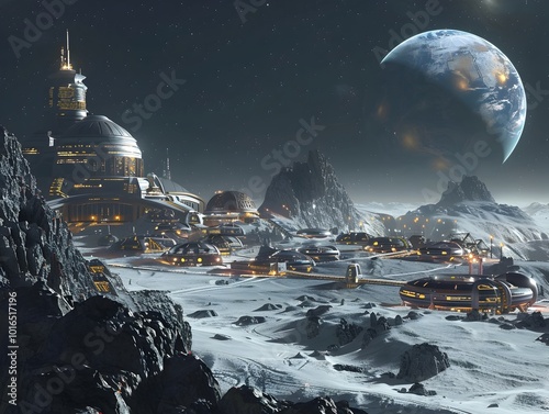 Futuristic Space Colony on Distant Moon of Jupiter with Massive Gas Giants in Sky photo