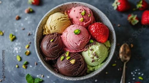 Close-up top view of several gelato scoops in a bowl, featuring a mix of vibrant flavors like pistachio, strawberry, and chocolate, creating a visually appealing dessert display.