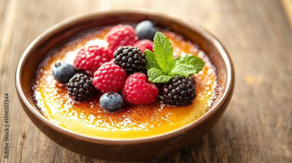 Close-up view of topped with mixed berries and mint in a bowl, set against a rustic wooden table. A delightful composition perfect for dessert lovers.