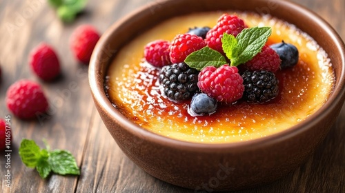 Close-up view of topped with mixed berries and mint in a bowl, set against a rustic wooden table. A delightful composition perfect for dessert lovers. photo