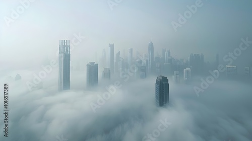 Shrouded Skyline Towering Skyscrapers Obscured by Thick Smog Highlighting the Impact of Global Warming