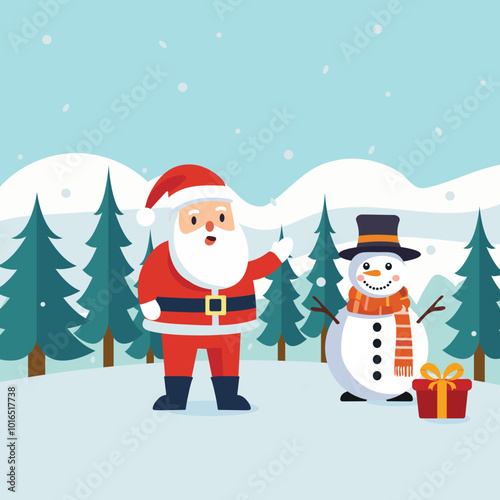 Merry christmas celebration with happy cartoon santa clause, snowman and gift box in snow xmas tree background.