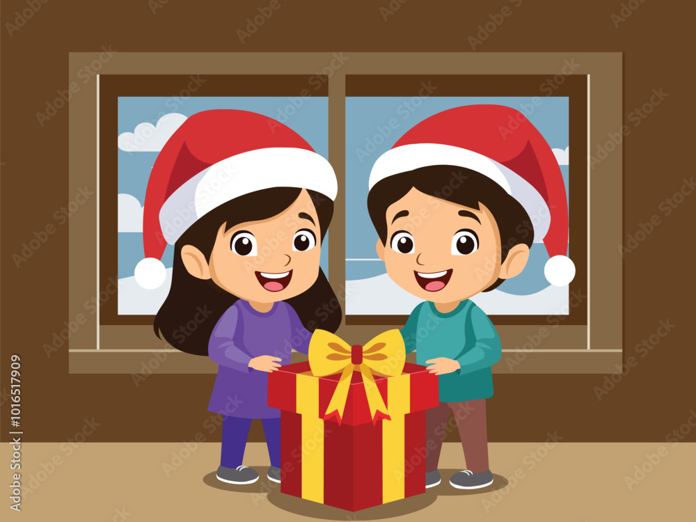 Merry Christmas Celebration, Excited Little Girl and Boy Together in Santa Cap and Opening Gift Box at Home Vector Illustration. Merry Christmas Celebration, Excited Little Girl and Boy Together in Santa Cap and Opening Gift Box at Home Vector Illustration.