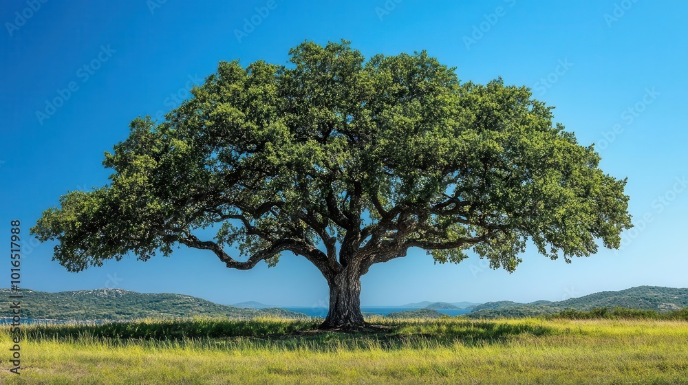 majestic live oak tree standing alone against a clear blue sky its sprawling branches and lush green leaves creating a symbol of strength and endurance in nature majestic live oak tree standing alone against a clear blue sky its sprawling branches and lush green leaves creating a symbol of strength and endurance in nature