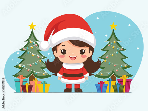 Merry christmas celebration with little santa girl standing with colorful gift box and christmas tree vector illustration.