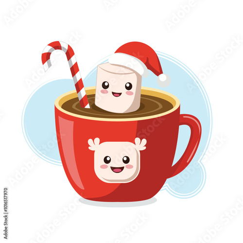 Christmas cartoon cup of coffee with marshmallow wearing santa cap  vector illustration.