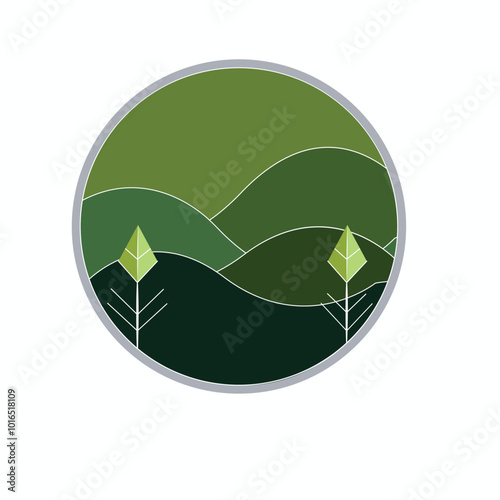 Green hill landscape scenery in circle frame vector illustration.