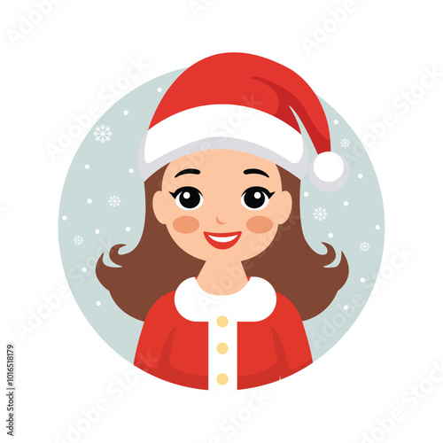 Cartoon Smiling Girl Character Wearing Santa Hat on the Occasion of Merry Christmas.