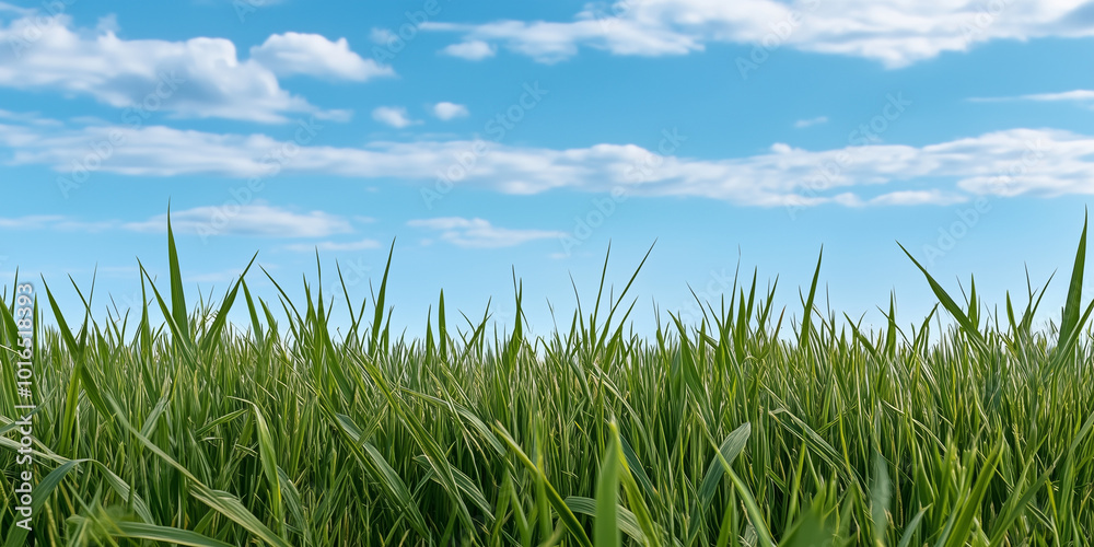 Lush green grass sways gently under bright blue sky dotted with fluffy clouds, creating serene and peaceful landscape. Lush green grass sways gently under bright blue sky dotted with fluffy clouds, creating serene and peaceful landscape.