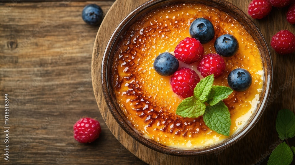 Delicious in a bowl garnished with vibrant berries and a sprig of mint, placed on a wooden table. Close-up focus on the textures and colors. Delicious in a bowl garnished with vibrant berries and a sprig of mint, placed on a wooden table. Close-up focus on the textures and colors.